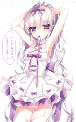 Rule 34 | 1girl, armpits, bare arms, bare shoulders, blush, bow, breasts, bunching hair, cleavage, cowboy shot, dress, garter straps, hair between eyes, hair bow, heterochromia, highres, long hair, medium breasts, mouth hold, original, purple bow, purple eyes, purple ribbon, ribbon, ribbon in mouth, silver hair, sleeveless, sleeveless dress, solo, sweat, thighhighs, translation request, tsukikage nemu, very long hair, white dress, white thighhighs