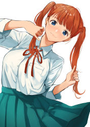 Rule 34 | 1girl, ahoge, aqua skirt, blue eyes, blunt bangs, blush, breast pocket, closed mouth, collared shirt, copyright request, doushimasho, dress shirt, freckles, highres, leaning to the side, long hair, long sleeves, looking at viewer, medium skirt, neck ribbon, orange hair, pleated skirt, pocket, red ribbon, ribbon, school uniform, shirt, simple background, skirt, smile, solo, tareme, upper body, white background, white shirt, wing collar
