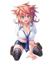 Rule 34 | 1girl, asahi, blush, breasts, brown hair, cleavage, curvy, female focus, full body, green eyes, highres, kneeling, large breasts, lilith-soft, looking at viewer, no bra, open mouth, school uniform, shiny skin, shoes, simple background, skirt, smile, solo, sugiyama manami, taimanin (series), taimanin asagi kessen arena, white background