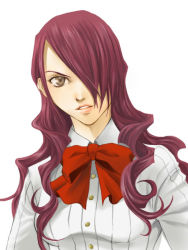 Rule 34 | 1girl, bow, bowtie, brown eyes, dress shirt, hair over one eye, kirijou mitsuru, long hair, mico3, parted bangs, parted lips, persona, persona 3, purple hair, shirt, solo, striped clothes, striped shirt, upper body, vertical stripes, wavy hair, white background