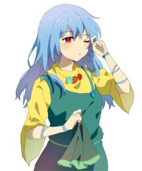 Rule 34 | 1girl, apron, arm ribbon, arm up, belt, blue hair, blue ribbon, blush, breasts, dress, eyes visible through hair, green apron, green belt, hair between eyes, hands up, haniyasushin keiki, highres, jewelry, long hair, looking at viewer, magatama, magatama necklace, maisuiren, medium breasts, necklace, no headwear, one eye closed, open mouth, pointing, puffy short sleeves, puffy sleeves, red eyes, ribbon, short sleeves, simple background, solo, standing, touhou, white background, wide sleeves, yellow dress