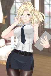 Rule 34 | 1girl, absurdres, alternate hairstyle, bespectacled, black necktie, black pantyhose, black skirt, blonde hair, blouse, blurry, blurry background, breasts, commentary request, dress shirt, glasses, grey eyes, highres, hornet (kancolle), kantai collection, large breasts, long hair, looking at viewer, necktie, nitamako (sakamalh), pantyhose, paper, pencil skirt, ponytail, shirt, skirt, sleeveless, sleeveless shirt, solo, thighband pantyhose, white shirt