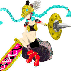 Rule 34 | 1girl, aqua hair, armor, blue hair, boots, braid, covered eyes, digimon, digimon (creature), helmet, long hair, mask, midriff, minervamon, red footwear, red lips, shield, shoulder armor, simple background, solo, sword, twin braids, valkyrie, very long hair, weapon, white background, winged helmet, wings