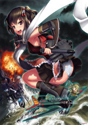 Rule 34 | 10s, 1girl, :d, aircraft, airplane, armpits, ass, black gloves, black skirt, blush, boots, brown eyes, brown hair, commentary request, double bun, dutch angle, elbow gloves, explosion, fairy (kancolle), fingerless gloves, gloves, hair ornament, highres, holding, kantai collection, light cruiser oni, long hair, long sleeves, looking at viewer, looking back, night, night battle idiot, night sky, number10 (hagakure), ocean, open mouth, panties, pantyshot, pleated skirt, remodel (kantai collection), scarf, school uniform, sendai (kancolle), serafuku, skirt, sky, smile, squatting, sweat, sweatdrop, tomonaga squadron pilot (kancolle), tongue, tongue out, torpedo, two side up, underwear, white scarf