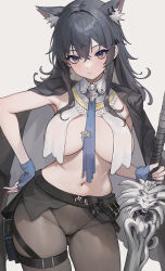 Rule 34 | 1girl, absurdres, animal ear fluff, animal ears, arknights, belt, belt pouch, between breasts, black coat, black hair, black pantyhose, blue gloves, blue necktie, blush, breast curtains, breasts, brown eyes, closed mouth, coat, coat on shoulders, contrapposto, cowboy shot, fingerless gloves, gloves, gluteal fold, grey background, hand on own hip, highres, holding, holding sword, holding weapon, juejue, large breasts, long hair, looking at viewer, navel, necktie, necktie between breasts, panties, panties under pantyhose, pantyhose, pouch, simple background, skindentation, solo, stomach, sword, texas (arknights), texas the omertosa (arknights), thigh strap, underwear, weapon, wolf ears