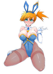 Rule 34 | 1girl, alternate breast size, animal costume, animal ears, aqua eyes, asymmetrical hair, between legs, blush, bodysuit, breasts, cleavage, clothes, creatures (company), curfewart, eye contact, fake animal ears, feet, full body, game freak, hair between eyes, hairband, half-closed eyes, hand between legs, high heels, highres, large breasts, leotard, looking at another, looking at viewer, misty (pokemon), nintendo, orange hair, pantyhose, playboy bunny, pokemon, pokemon rgby, ponytail, pumps, rabbit ears, shiny clothes, shiny legwear, shoes, short hair, side ponytail, simple background, sitting, solo, striped clothes, striped leotard, white background, wide hips