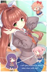 Rule 34 | &gt; &lt;, 4girls, arare mochiko, blue skirt, blurry, blurry background, blush, bow, brown hair, chibi, chibi inset, classroom, cowboy shot, day, doki doki literature club, green eyes, grey jacket, grin, hair bow, hair intakes, hands on own face, hands up, indoors, jacket, long hair, long sleeves, looking at viewer, miniskirt, monika (doki doki literature club), multiple girls, natsuki (doki doki literature club), neck ribbon, open mouth, pleated skirt, ponytail, red ribbon, ribbon, sayori (doki doki literature club), school, school uniform, sidelocks, skirt, smile, solo focus, standing, very long hair, vest, window, yuri (doki doki literature club)