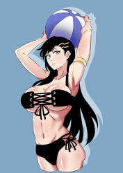 Rule 34 | 1girl, absurdres, armlet, armpits, arms up, ball, beachball, bikini, black bikini, black hair, blue background, blue eyes, breasts, burn the witch, closed mouth, collarbone, cowboy shot, cropped legs, curvy, drop shadow, eyelashes, front-tie bikini top, front-tie top, groin, hair behind ear, hair ornament, hairclip, highres, holding, holding ball, holding beachball, jewelry, large breasts, lips, long hair, looking at viewer, navel, niihashi noel, rakusakugk, side-tie bikini bottom, simple background, solo, straight hair, swimsuit, tsurime, very long hair