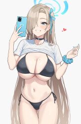 Rule 34 | 1girl, absurdres, asuna (blue archive), bikini, black bikini, black choker, blonde hair, blue archive, blue eyes, breasts, cellphone, chagama teishoku, choker, clothes lift, grin, hair over one eye, halo, highres, holding, holding phone, large breasts, long hair, mole, mole on breast, navel, phone, scrunchie, selfie, shirt lift, simple background, skindentation, smartphone, smile, solo, stomach, swimsuit, very long hair, white background, wrist scrunchie