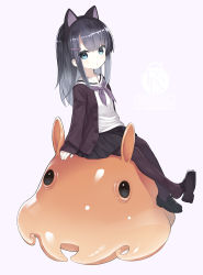 Rule 34 | 1girl, animal, animal ears, black footwear, black hair, black hairband, black skirt, blue eyes, brown cardigan, brown pantyhose, capriccio, cardigan, cat ears, closed mouth, commentary request, fake animal ears, hair ornament, hairband, hairclip, loafers, long hair, long sleeves, looking at viewer, open cardigan, open clothes, original, pantyhose, pleated skirt, purple background, sailor collar, school uniform, serafuku, shirt, shoe dangle, shoes, sitting, skirt, sleeves past wrists, solo, umbrella octopus, white sailor collar, white shirt