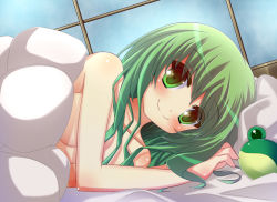 Rule 34 | 1girl, afterglow, bad id, bad nicoseiga id, bed sheet, blush, breasts, covering privates, covering breasts, female focus, frog, green eyes, green hair, kochiya sanae, looking at viewer, lying, matching hair/eyes, naked sheet, nude, nude cover, on bed, on side, pov across bed, shefu, smile, solo, touhou, under covers