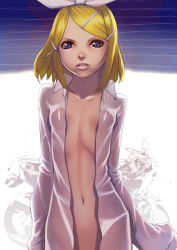 Rule 34 | 1girl, blonde hair, blue eyes, bow, breasts, commentary request, hair bow, hair ornament, hairclip, highres, kagamine rin, lips, long sleeves, looking at viewer, motor vehicle, motorcycle, naked shirt, open clothes, open shirt, shirt, short hair, sleeves past fingers, sleeves past wrists, small breasts, solo, soon (c-u-soon), swept bangs, vocaloid, white bow, white shirt, wing collar