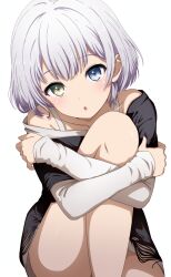 Rule 34 | 1girl, :o, absurdres, bang dream!, bang dream! it&#039;s mygo!!!!!, bare shoulders, black shirt, blue eyes, brown shorts, collarbone, commentary, cowboy shot, grey hair, hand on own arm, hands up, head tilt, heterochromia, highres, hugging own legs, kaname raana, knee up, layered sleeves, light blush, long sleeves, looking at viewer, medium hair, noshimurin, off-shoulder shirt, off shoulder, parted lips, shirt, short sleeves, shorts, simple background, sitting, sleeves past wrists, solo, torn clothes, torn shirt, white background, white shirt, yellow eyes
