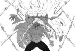 Rule 34 | 1boy, abs, androgynous, bare arms, bare shoulders, black legwear, collarbone, extra arms, fingernails, hair between eyes, jujutsu kaisen, long hair, mahito (jujutsu kaisen), male focus, monochrome, original nasu, pants, pectorals, solo, stitched arm, stitches, topless male, white background