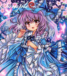 Rule 34 | 1girl, animal, blue hat, blue kimono, blush, bug, butterfly, flower, frilled sleeves, frills, hat, insect, japanese clothes, kimono, long sleeves, mob cap, open mouth, pink flower, pink hair, red eyes, rui (sugar3), saigyouji yuyuko, sample watermark, short hair, smile, solo, touhou, triangular headpiece, upper body, watermark, wide sleeves