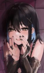 Rule 34 | 1girl, absurdres, ahoge, bare shoulders, black gloves, black hair, black nails, blue hair, blush, breasts, brown eyes, commentary, cross, cross earrings, cross print, earrings, gloves, hair between eyes, hair ornament, hands up, highres, irene (kanniiepan), jewelry, kanniiepan, looking at viewer, medium hair, mole, mole under eye, multicolored hair, nail polish, open mouth, original, ring, smile, solo, teeth, two-tone hair, upper body, x hair ornament