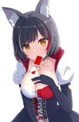 Rule 34 | 1girl, absurdres, ace (playing card), ace of hearts, animal ear fluff, animal ears, black dress, black gloves, black hair, blush, breasts, card, center frills, cleavage, commentary request, dress, elbow gloves, frills, gloves, hand on own chest, heart, highres, holding, holding card, hololive, jewelry, large breasts, light smile, mouth hold, multicolored hair, necklace, official alternate costume, official alternate hair length, official alternate hairstyle, ookami mio, ookami mio (wonderland), playing card, puffy short sleeves, puffy sleeves, red hair, short hair, short sleeves, simple background, solo, streaked hair, tarakore sauce, virtual youtuber, white background, wolf ears, yellow eyes