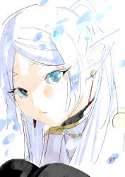 Rule 34 | 1girl, abe tsukasa, artist name, earrings, elf, frieren, green eyes, high collar, highres, jewelry, long hair, looking at viewer, parted lips, pointy ears, shirt, sidelocks, single earring, solo, sousou no frieren, swept bangs, twintails, upper body, white hair, white shirt
