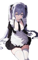 Rule 34 | 1girl, absurdres, alternate costume, apron, black dress, black survival, blue eyes, bow, breasts, closed mouth, dasi (kwts3227), detached collar, dress, elena jarvinen, enmaided, eternal return: black survival, frilled apron, frills, frown, gloves, grey hair, hair bow, highres, juliet sleeves, long hair, long sleeves, looking at viewer, maid, maid apron, maid headdress, necktie, pleated dress, puffy sleeves, short dress, short necktie, simple background, sitting, skindentation, small breasts, solo, thighhighs, thighs, twintails, v-shaped eyebrows, very long hair, waist apron, white background, white gloves, white thighhighs, wing collar, zettai ryouiki