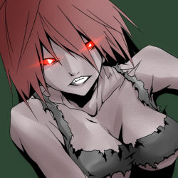 Rule 34 | 1girl, bra, breasts, cleavage, collarbone, glowing, glowing eyes, green background, jin (mugenjin), large breasts, left 4 dead, lingerie, looking at viewer, red eyes, red hair, sharp teeth, simple background, solo, teeth, torn clothes, underwear, upper body, witch (left4dead), zombie