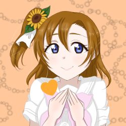 Rule 34 | 1girl, a song for you! you? you!, artist name, artist request, belt, blue eyes, blush, female focus, flower, hair between eyes, hair flower, hair ornament, highres, kosaka honoka, looking at viewer, love live!, love live! school idol project, nanase denpa, neckerchief, orange hair, parted lips, pink neckerchief, sailor collar, shirt, side ponytail, smile, solo, sunflower, white belt, white shirt
