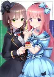 Rule 34 | 1boy, 1girl, bad id, bad pixiv id, black bow, black dress, black hat, black neckwear, blue bow, blue dress, blue neckwear, bow, bowtie, braid, brown hair, cake, center frills, commentary request, dress, finger to mouth, food, food on face, fork, frills, fruit, gothic lolita, green eyes, hair bow, hair tie, hairband, hat, hat bow, highres, holding, holding plate, ichiren namiro, index finger raised, lolita fashion, long hair, long sleeves, looking at viewer, neck ribbon, original, pink hair, plate, purple eyes, ribbon, ribbon trim, sash, short sleeves, side braid, smile, strawberry, strawberry shortcake, sweet lolita, trap, wrist cuffs