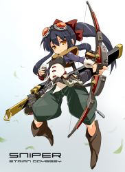 Rule 34 | 1girl, arrow (projectile), belt, belt pouch, black hair, blush, boots, bow, bow (weapon), character name, copyright name, etrian odyssey, gloves, goggles, goggles on head, gradient background, hair bow, karukan (monjya), leaf, long hair, looking at viewer, orange eyes, partially fingerless gloves, partly fingerless gloves, ponytail, pouch, quiver, sekaiju no meikyuu, sekaiju no meikyuu 4, sheath, sheathed, single glove, sniper (sekaiju), solo, sword, weapon, yugake