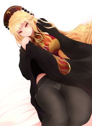 Rule 34 | 1girl, arano oki, bed, belt, black dress, black hat, black panties, blonde hair, bow, bowtie, breasts, chinese clothes, closed mouth, crescent, dress, grey pantyhose, hair between eyes, hand up, hat, indoors, junko (touhou), large breasts, long hair, long sleeves, looking at viewer, on bed, panties, panties under pantyhose, pantyhose, phoenix crown, pom pom (clothes), purple belt, red eyes, simple background, sitting, smile, solo, tabard, touhou, underwear, white background, wide sleeves, yellow bow, yellow bowtie