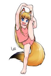 Rule 34 | 1girl, animal ear fluff, animal ears, arm up, armpits, artist name, barefoot, blonde hair, blue eyes, blunt bangs, camisole, commentary request, feet, fox ears, fox tail, full body, hand on own foot, hand on own leg, komugi (lee), lee (colt), leg up, legs, long hair, open mouth, original, panties, pink camisole, pink panties, simple background, smile, solo, split, standing, standing on one leg, standing split, tail, thighs, toes, underwear, underwear only, unfinished, very long hair, white background