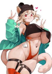Rule 34 | 1girl, animal ears, animal nose, aqua jacket, bare shoulders, beanie, black hat, black shirt, blonde hair, breastless clothes, breastless swimsuit, breasts, cameltoe, cat ears, cat girl, cat tail, center opening, charm (object), cleavage, closed mouth, commission, cowboy shot, crop top, double v, ears through headwear, fang, female focus, frankie (extremenyoom), furry, furry female, garter straps, hair tie, hands up, happy, hat, heart, highres, huge breasts, jacket, long sleeves, looking at viewer, medium hair, navel, nia (nia4294), o-ring, o-ring swimsuit, off shoulder, one-piece swimsuit, open clothes, open jacket, orange one-piece swimsuit, original, pom pom (clothes), red eyes, red thighhighs, second-party source, shirt, sidelocks, simple background, skindentation, smile, solo, standing, stomach, swimsuit, tail, thick thighs, thighhighs, thighs, underboob, v, white background, wide hips