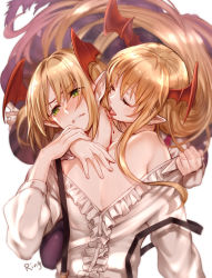 Rule 34 | 10s, 1boy, 1girl, aki663, arm around neck, arm at side, assisted exposure, bare shoulders, bat wings, bite mark, black skirt, blonde hair, blood, blurry, blush, brother and sister, center frills, clenched hand, clenched teeth, closed eyes, clothes pull, depth of field, embarrassed, eyelashes, frills, granblue fantasy, hand grab, head tilt, head wings, licking, licking another&#039;s neck, long hair, long sleeves, looking at viewer, looking away, off shoulder, pointy ears, red eyes, shingeki no bahamut, shirt, shirt pull, siblings, signature, simple background, skirt, slit pupils, suspenders, suspenders slip, tail, teeth, tongue, tongue out, vampire, vampy, veight, white background, white shirt, wings