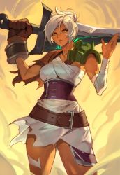 Rule 34 | 1girl, bandages, belt, gloves, green eyes, highres, league of legends, looking at viewer, riven (league of legends), serious, short hair, silver hair, sword, tan, uncle rabbit ii, weapon