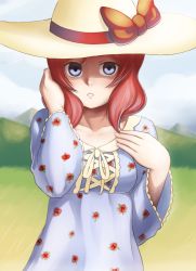Rule 34 | 10s, 1girl, blue eyes, day, dress, finalcake, hat, looking at viewer, love live!, love live! school idol festival, love live! school idol project, nishikino maki, parted lips, purple eyes, red hair, shaded face, short hair, solo, sun hat, sundress