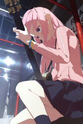 Rule 34 | 1girl, absurdres, black socks, blue eyes, blush, bocchi the rock!, bracelet, electric guitar, from below, gotoh hitori, guitar, highres, holding, holding instrument, indoors, instrument, jacket, jewelry, kneeling, long hair, music, pink hair, pink jacket, pink track suit, playing instrument, pleated skirt, seuhyo99, skirt, socks, solo, sweat, track jacket