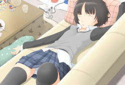 Rule 34 | 1girl, amagami, bad id, bad pixiv id, black hair, candy, closed eyes, controller, couch, food, fork, game console, game controller, glass, kotatsu, navel, ns (nasu2000), panties, pillow, plaid, plate, pocky, skirt, sleeping, solo, table, tachibana miya, thighhighs, underwear, upskirt