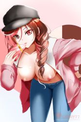 Rule 34 | 1girl, artist name, bent over, black hat, blue pants, box, braid, breasts, brown eyes, brown hair, collarbone, denim, female focus, gift, hair tie, hand on own hip, hand up, happy, hat, heart, heterochromia, highres, holding, jacket, jeans, kimmy77, large breasts, long hair, long sleeves, looking at viewer, multicolored hair, navel, neo politan, nipples, open mouth, pants, patreon logo, patreon username, pink eyes, pink hair, pink jacket, ribbon, rwby, shiny skin, simple background, single braid, smile, solo, standing, two-tone hair, watermark, web address, yellow ribbon