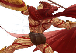 Rule 34 | 1boy, aiming, ass, bara, biceps, cape, fate/grand order, fate (series), fighting stance, full-body tattoo, highres, holding, holding polearm, holding weapon, leonidas (fate), male focus, male swimwear, manly, mature male, muscular, muscular male, polearm, red eyes, red hair, shield, short hair, sib (utau7), simple background, solo, spear, swim briefs, tattoo, thick arms, thick thighs, thighs, weapon, white background