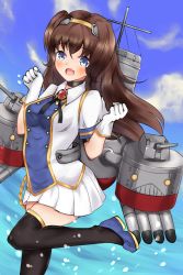 Rule 34 | 1girl, azur lane, beagle (azur lane), black hair, black thighhighs, blue eyes, blush, breasts, cannon, cloud, commentary request, fang, furam, gloves, headband, highres, leg up, long hair, looking at viewer, ocean, shoes, sky, small breasts, thighhighs, torpedo, torpedo tubes, water, white gloves