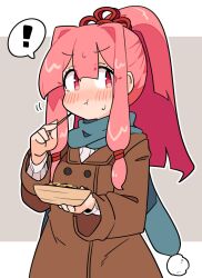 Rule 34 | !, 1girl, blue scarf, blush, brown coat, closed mouth, coat, food, highres, holding, ini (inunabe00), kotonoha akane, long hair, long sleeves, motion lines, pink eyes, pink hair, pom pom (clothes), scarf, sidelocks, solo, spoken exclamation mark, toothpick, upper body, voiceroid
