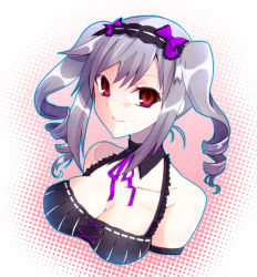 Rule 34 | 10s, 1girl, blush, breasts, cleavage, dress, drill hair, grey hair, idolmaster, idolmaster cinderella girls, kanzaki ranko, large breasts, long hair, red eyes, smile, solo, twin drills, twintails, yakou (innocent chapel)