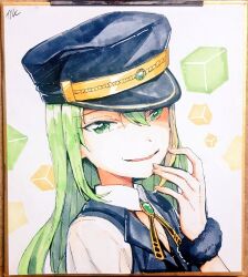 Rule 34 | 1girl, alina gray, black hat, black necktie, black vest, blonde hair, brooch, collar, cross tie, cube, detached collar, fur cuffs, green eyes, green hair, hair between eyes, hand to own mouth, hat, ilhi, jewelry, long hair, looking at viewer, magia record: mahou shoujo madoka magica gaiden, magical girl, mahou shoujo madoka magica, marker (medium), multicolored hair, necktie, open mouth, peaked cap, shikishi, sidelocks, smile, solo, straight hair, streaked hair, traditional media, upper body, v-neck, vest, white collar