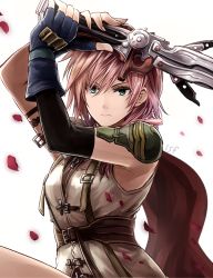 Rule 34 | 1girl, arms up, blue eyes, blue gloves, closed mouth, final fantasy, final fantasy xiii, fingerless gloves, frown, gloves, gunblade, hair between eyes, hair over shoulder, holding, holding sword, holding weapon, lightning farron, long hair, petals, pink hair, sasanomesi, shoulder pads, simple background, solo, square enix, sword, weapon, white background