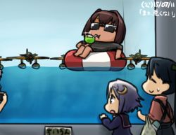Rule 34 | 3girls, afloat, aoba (kancolle), commentary request, drinking, drinking straw, e16a zuiun, hamu koutarou, houshou (kancolle), hyuuga (kancolle), innertube, kantai collection, multiple girls, seaplane, sunglasses, swim ring, tan, translation request, water, yayoi (kancolle)