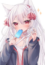 Rule 34 | 1girl, animal ear fluff, animal ears, black jacket, blush, choker, collarbone, commentary, criss-cross halter, dress, fang, flower, food, fox ears, hair between eyes, hair flower, hair ornament, hair ribbon, halterneck, hands up, highres, holding, holding food, jacket, long hair, long sleeves, looking at viewer, off shoulder, open clothes, open jacket, open mouth, original, popsicle, puffy long sleeves, puffy sleeves, red eyes, red ribbon, ribbon, ringouulu, simple background, sleeves past wrists, solo, sparkle, symbol-only commentary, twitter username, very long hair, white background, white choker, white dress, white flower, white hair