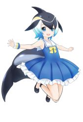 Rule 34 | 10s, 1girl, :d, black footwear, black hair, blue dress, blue eyes, blue hair, bow, bowtie, cetacean tail, common dolphin (kemono friends), dress, fins, fish tail, frilled dress, frills, full body, ise (0425), kemono friends, looking at viewer, multicolored hair, open mouth, outstretched arms, sailor collar, sailor dress, shoes, short hair, simple background, sleeveless, sleeveless dress, smile, solo, spread arms, tail, white background, white sailor collar, wristband, yellow bow, yellow bowtie