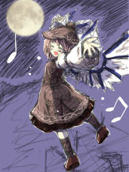 Rule 34 | 1girl, arms up, bad id, bad pixiv id, closed eyes, female focus, happy, hat, hitoshise, looking back, moon, music, musical note, mystia lorelei, night, nise nanatsura, singing, sketch, smile, solo, touhou, wings
