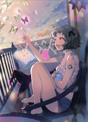 Rule 34 | 1girl, :d, absurdres, arutera, balcony, bare arms, bare legs, bare shoulders, barefoot, black choker, black hair, black hat, black panties, black ribbon, black shorts, book, boyshort panties, breasts, bug, butterfly, camisole, chair, choker, cleavage, cloud, commentary request, fang, floating, floating book, floating object, from side, full body, green eyes, hair ribbon, hat, highres, huge filesize, index finger raised, insect, knees up, medium breasts, on chair, open mouth, original, outdoors, panties, ribbon, short hair, shorts, shoulder tattoo, sitting, sky, smile, solo, tattoo, telekinesis, underwear, unworn hat, unworn headwear, witch hat, wristband