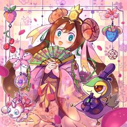 Rule 34 | 1girl, :d, alternate costume, blush, bright pupils, brown hair, clothed pokemon, commentary request, creatures (company), cushion, double bun, falling petals, game freak, gen 5 pokemon, green eyes, hair bun, hair ribbon, hand fan, hands up, hinamatsuri, holding, holding fan, japanese clothes, kimono, long hair, looking at viewer, n yurikun, nintendo, open mouth, paper fan, petals, pink kimono, pink ribbon, pokemon, pokemon (creature), pokemon bw2, ribbon, rosa (pokemon), sash, smile, snivy, twintails, white pupils, wide sleeves
