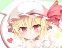 Rule 34 | 1girl, aibumi, bad id, bad pixiv id, blonde hair, blush, commentary request, flandre scarlet, hat, hat ribbon, heart, looking at viewer, mob cap, pen-zin, pink eyes, portrait, ribbon, smile, solo, star (symbol), touhou, upper body, wings
