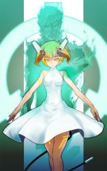 Rule 34 | 10s, 1girl, android, bad id, bad pixiv id, bare arms, bare shoulders, beard, cable, cable tail, clothes lift, dimension w, dress, dress lift, energy, facial hair, glowing, glowing eyes, glowing hair, green hair, headgear, highres, looking at viewer, mechanical tail, multicolored hair, mustache, sein (tgf19911119), short hair, sleeveless, sleeveless dress, tail, white dress, yellow eyes, yurizaki mira, yurizaki shidou